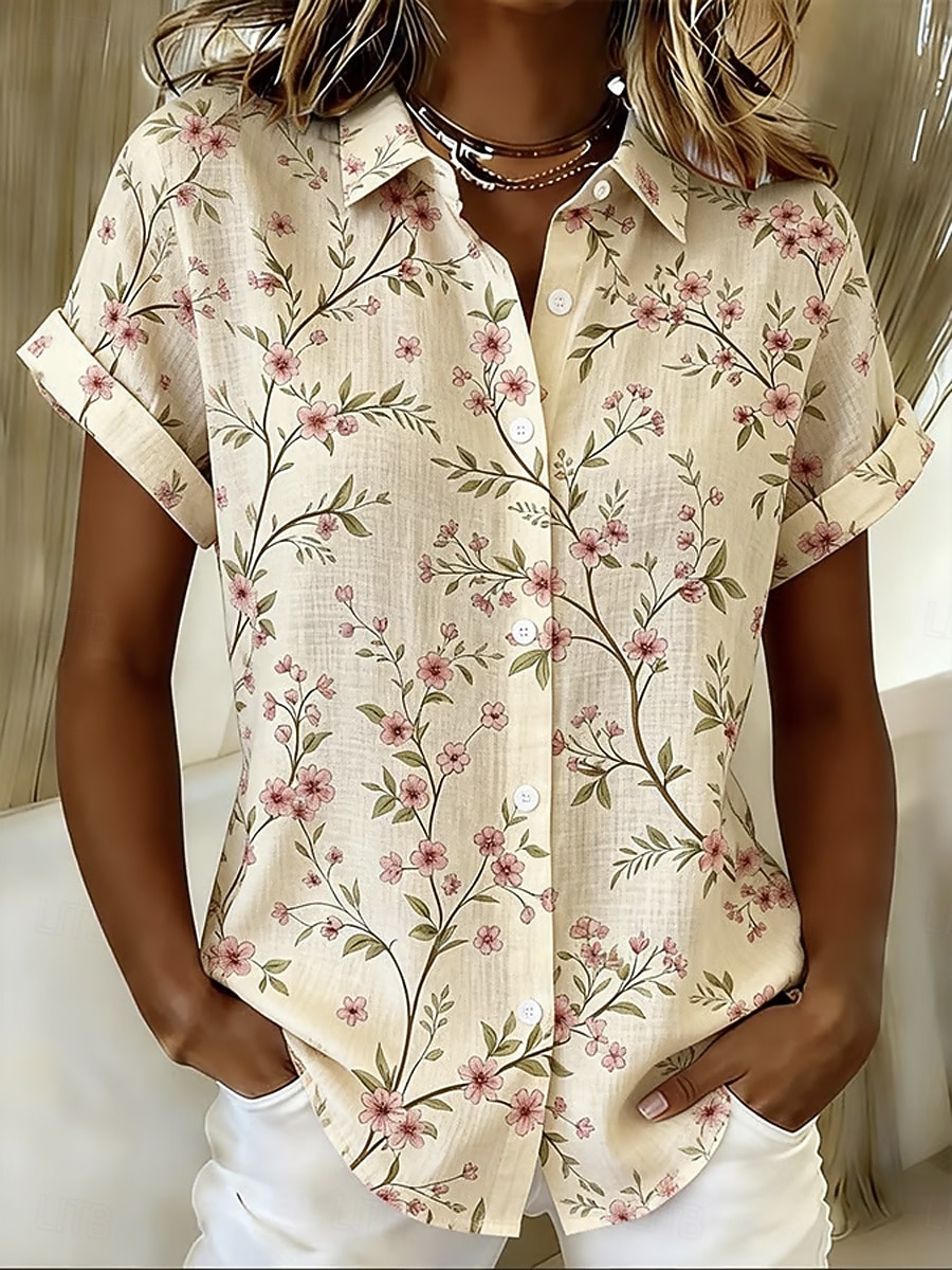 Romper Floral Print - Women's Beige Floral Print Button Down