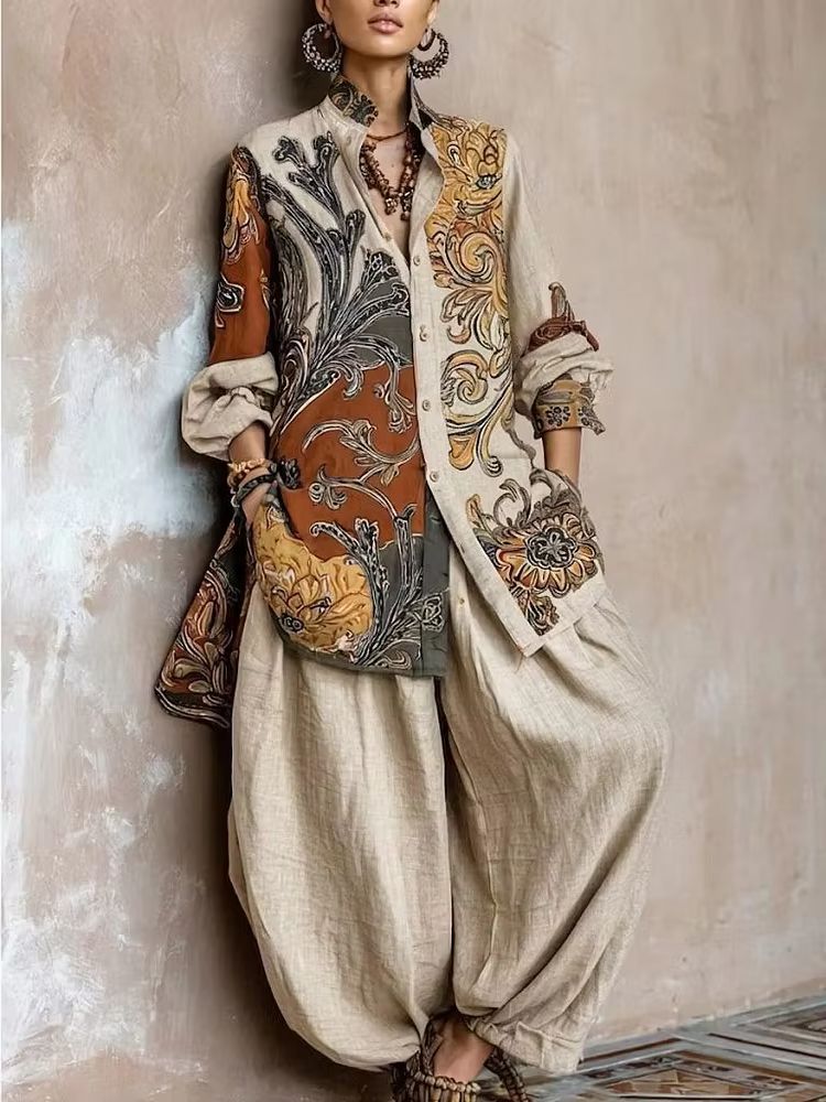 Spring Linen Fabric Print Blou - đánh giá và giá Linen Pant Wide