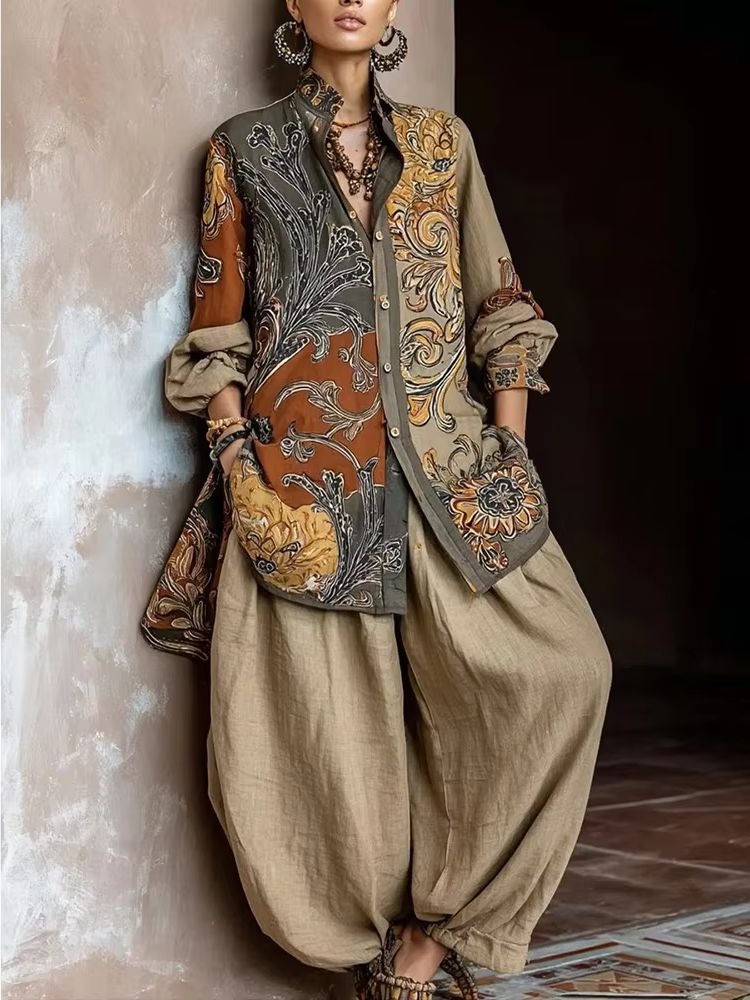 Spring Linen Fabric Print Blou - đánh giá và giá Linen Pant Wide