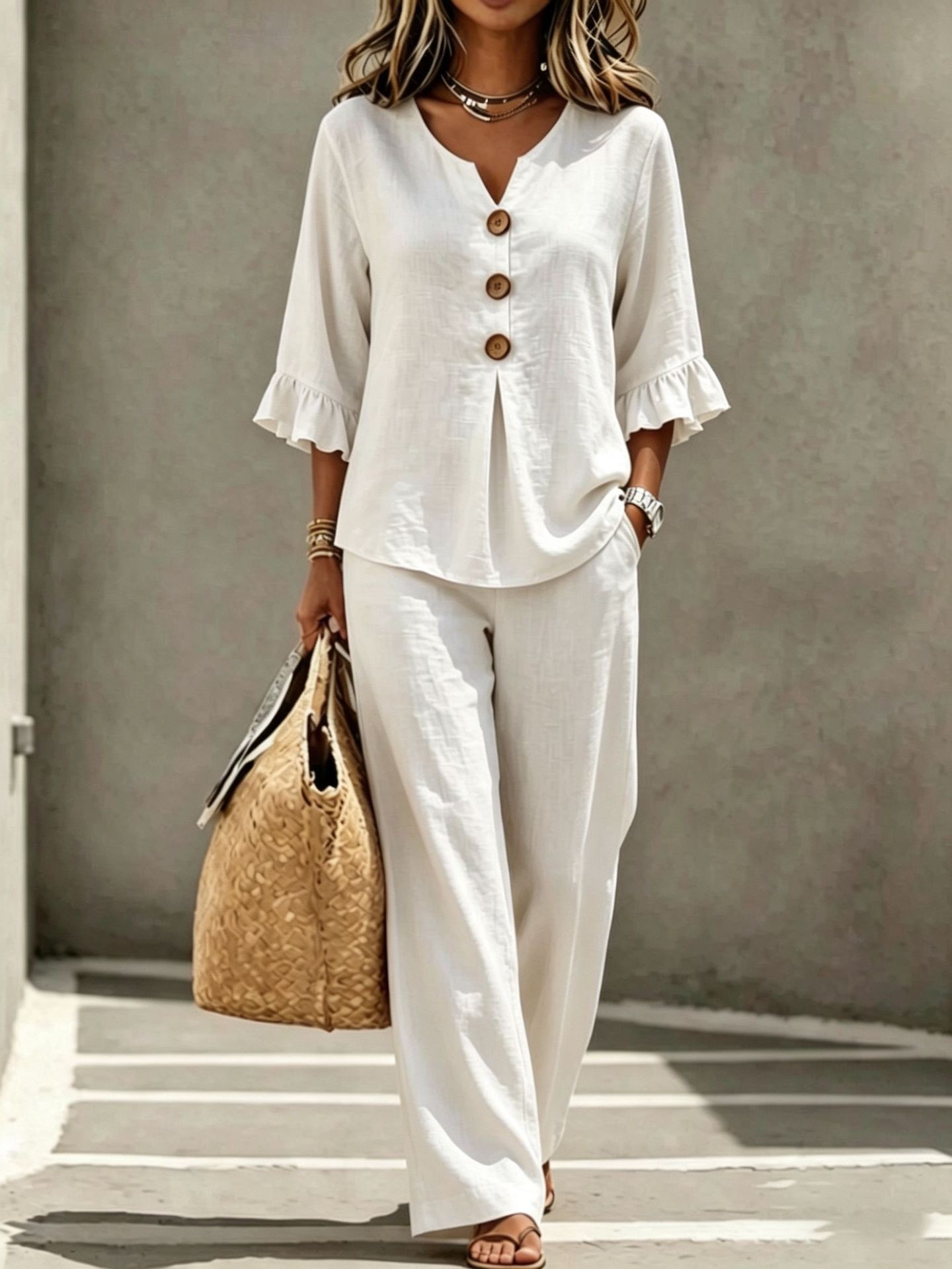 Women 2 Piece Linen Set V Neck - đánh giá và giá Linen Pant Wide