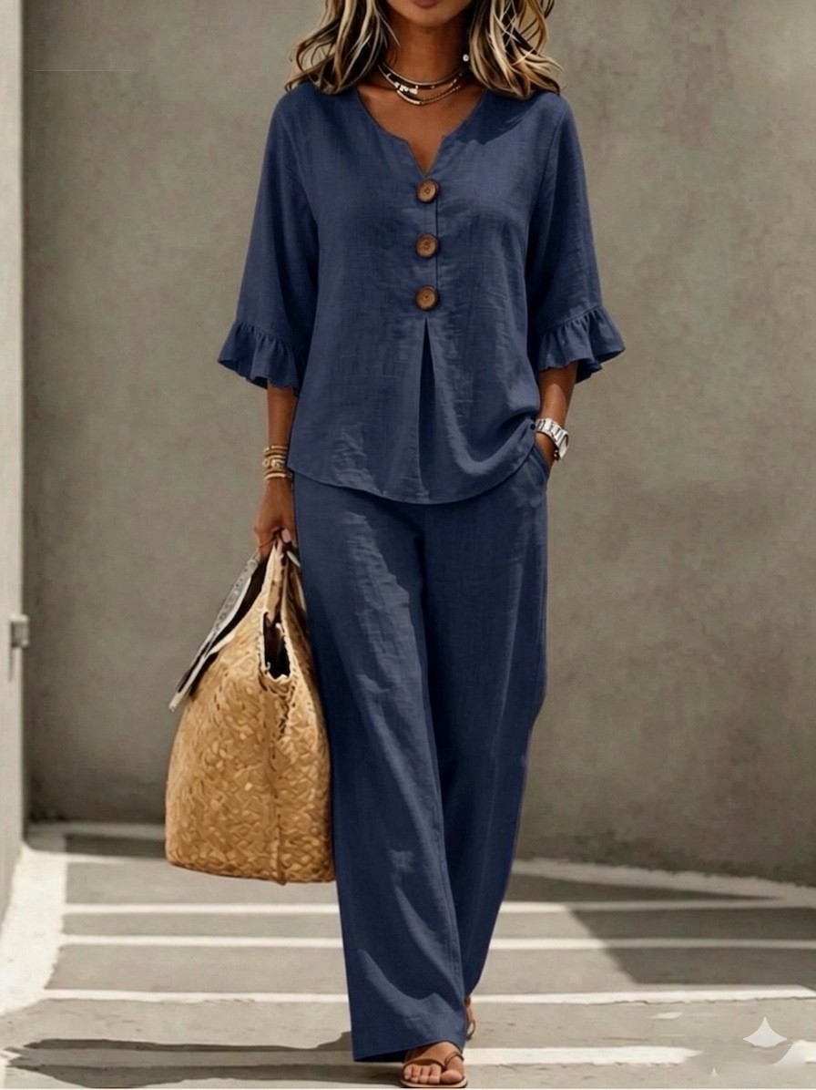 Women 2 Piece Linen Set V Neck - đánh giá và giá Linen Pant Wide