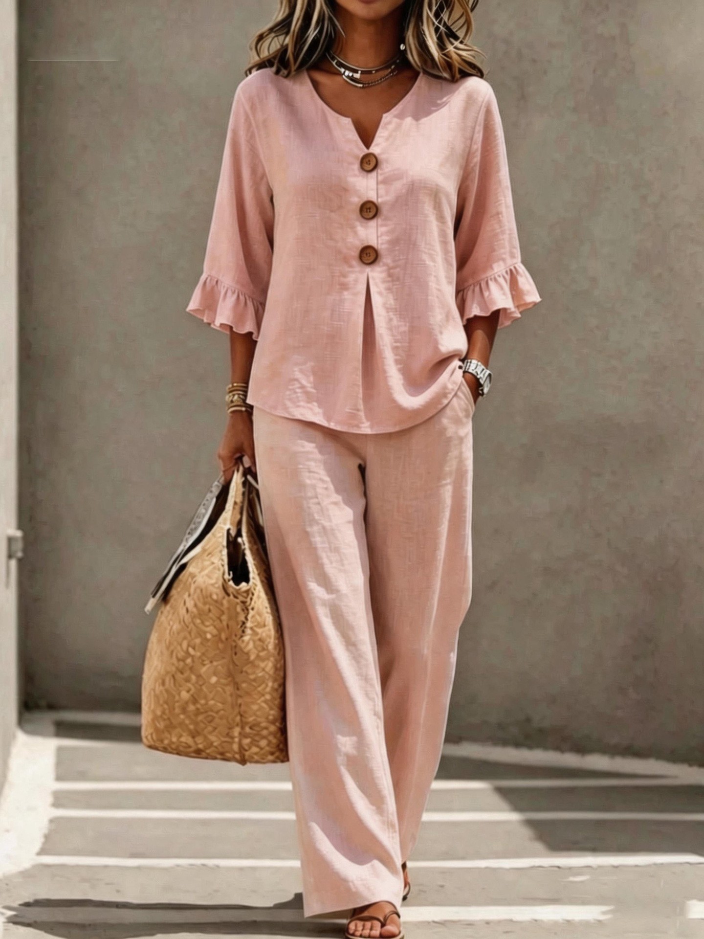 Women 2 Piece Linen Set V Neck - đánh giá và giá Linen Pant Wide