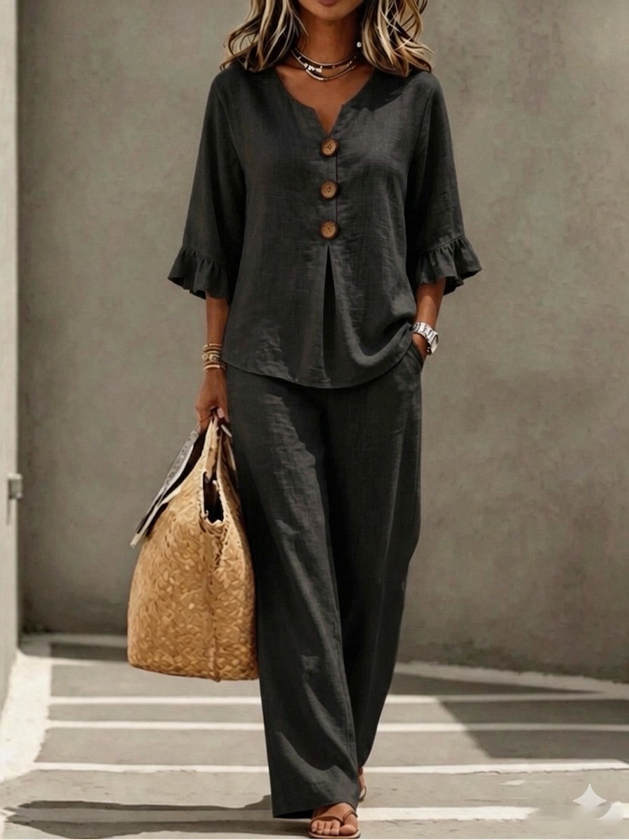 Women 2 Piece Linen Set V Neck - đánh giá và giá Linen Pant Wide